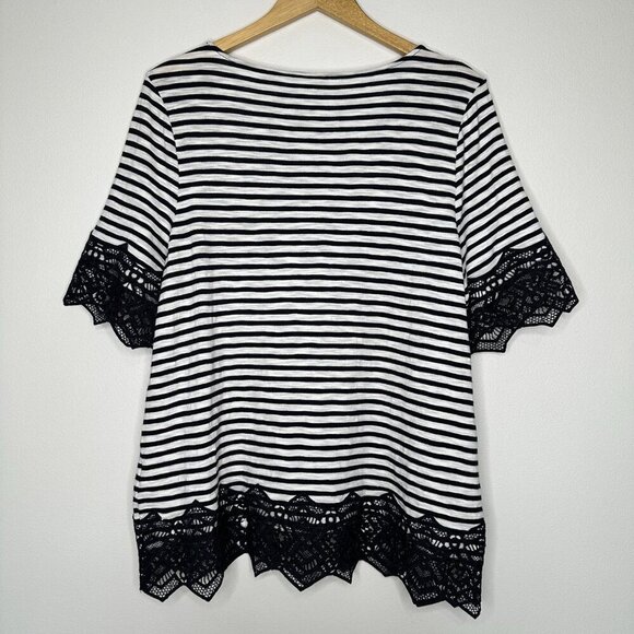 Chicos Knit Top Tee Size XL Navy White Stripe Slub Lace Hem Nautical - Picture 2 of 10